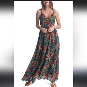 Molly Bracken Chiffon Palm Frond Tropical Print Pattern Long Maxi Dress M NWOT